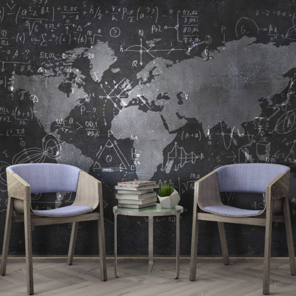 Quadro de giz com um mapa e equações matemáticas Quadro de giz com um mapa e equações matemáticas