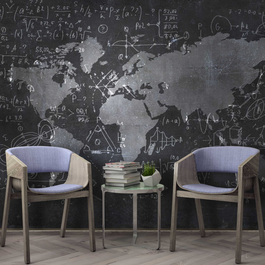 Quadro de giz com um mapa e equações matemáticas Quadro de giz com um mapa e equações matemáticas