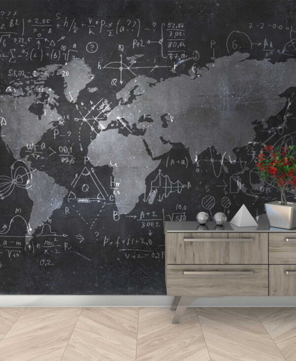 Quadro de giz com um mapa e equações matemáticas Quadro de giz com um mapa e equações matemáticas