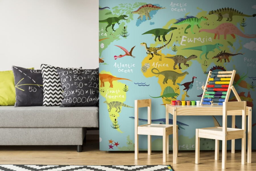 Mapa dos dinossauros com texto a branco
