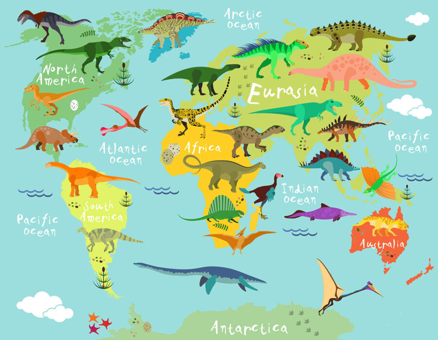 Mapa dos dinossauros com texto a branco