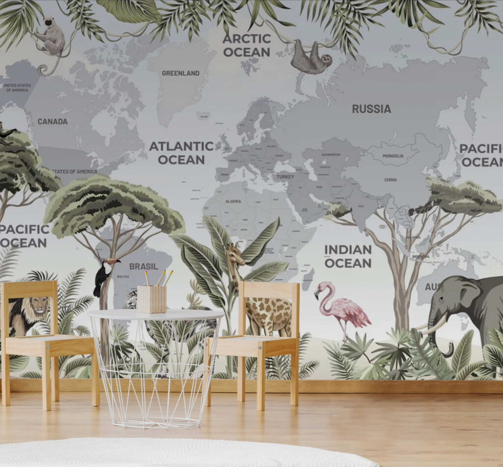 Map of the world with animals and birds Map of the world with animals and birds