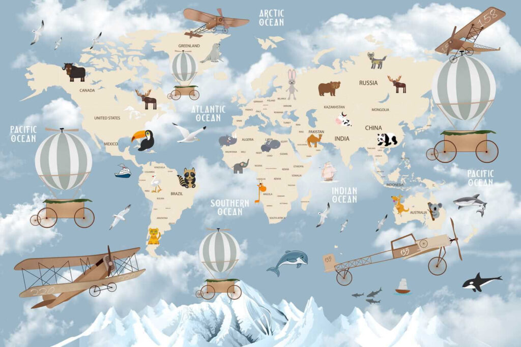Mapa do mundo com diferentes animais e aves Mapa do mundo com diferentes animais e aves