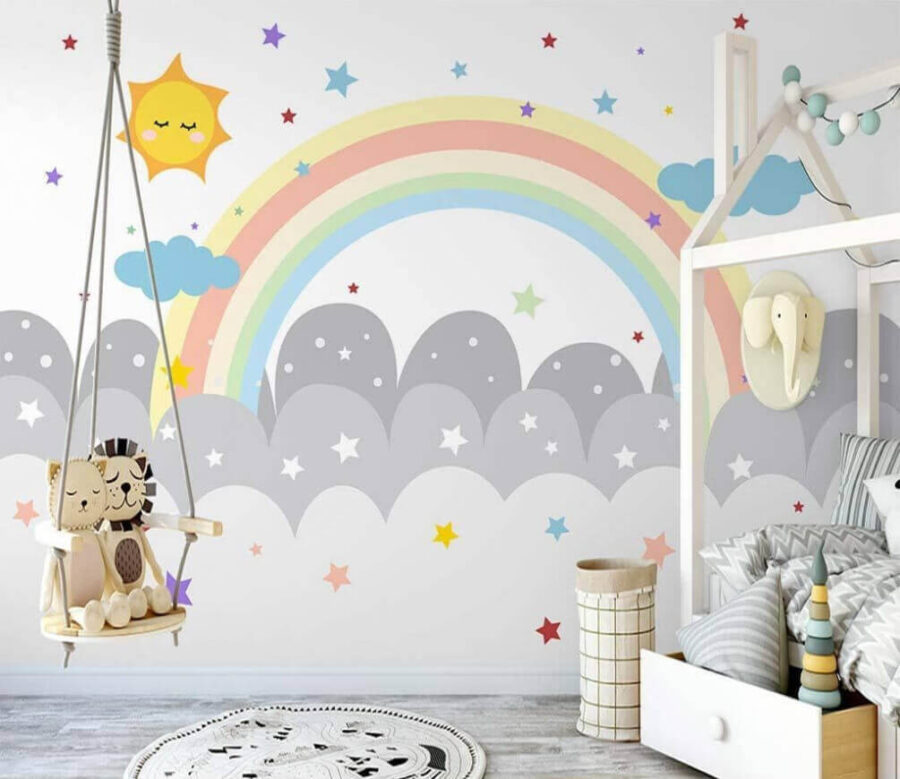 Papel de parede Arco-íris e nuvens com sol e estrelas