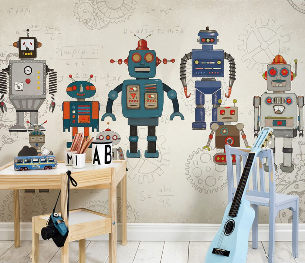 Group of robots with math equations