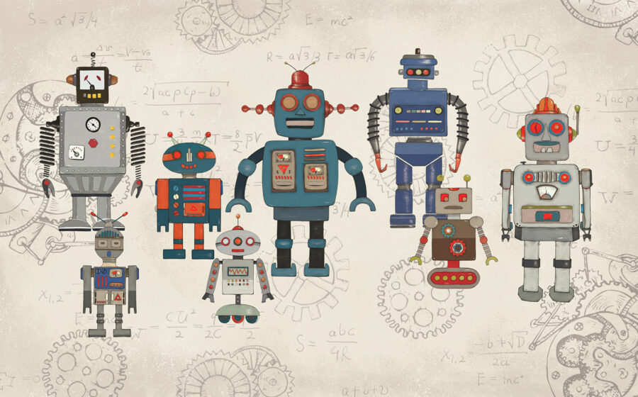 Grupo de robots com equações matemáticas