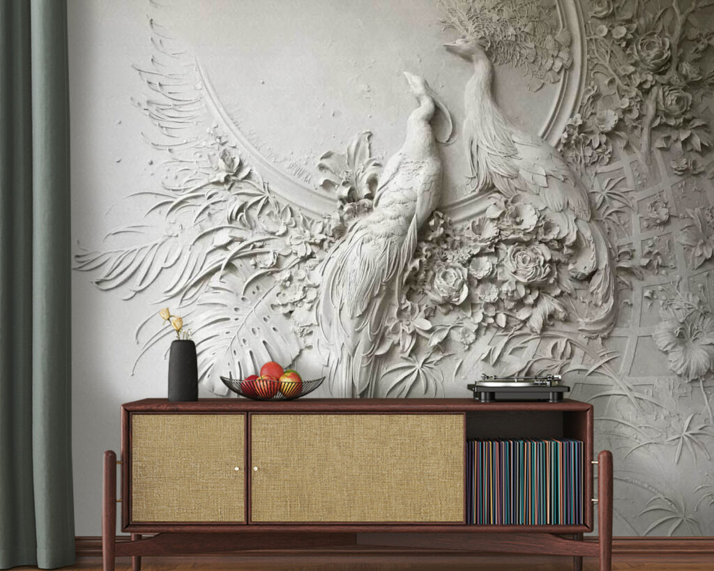 White wall with a couple of birds and flowers White wall with a couple of birds and flowers