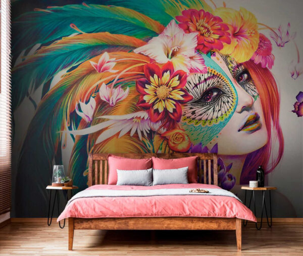 Mulher com penas e flores coloridas Mulher com penas e flores coloridas