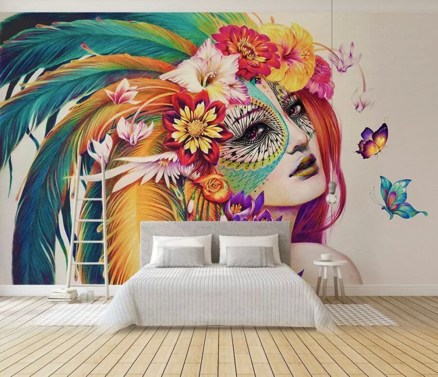 Mulher com penas e flores coloridas
