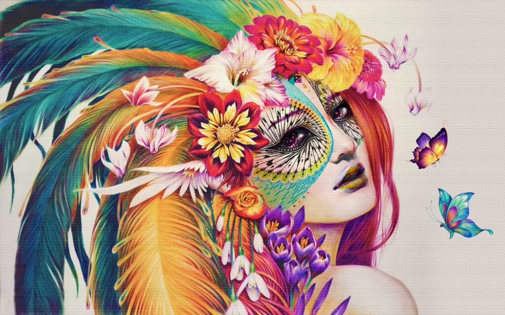 Mulher com penas e flores coloridas Mulher com penas e flores coloridas