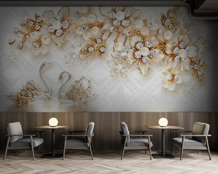Papel de parede com cisnes e flores