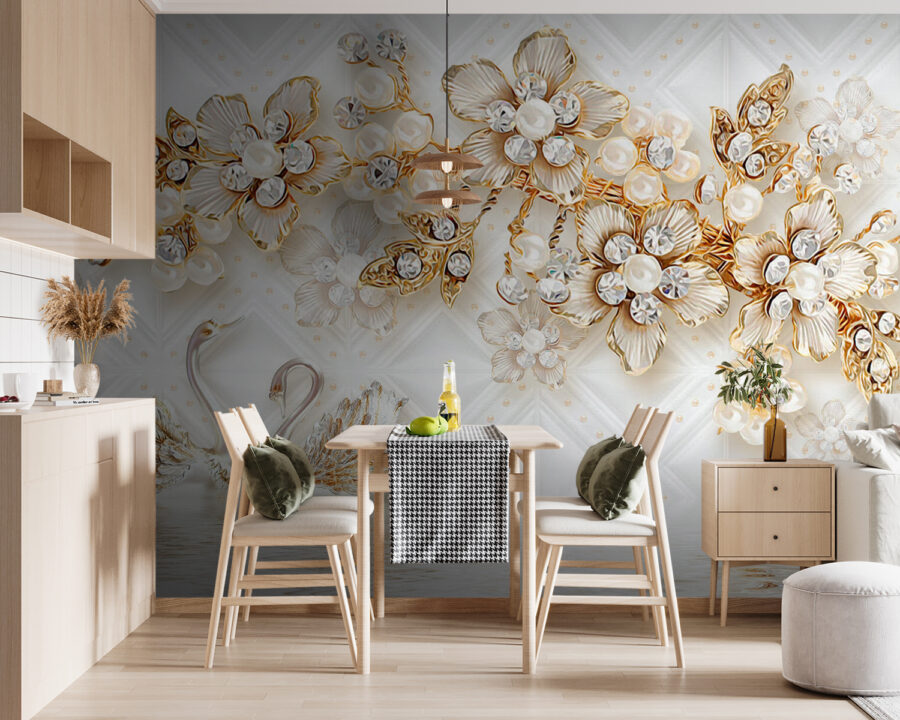 Papel de parede com cisnes e flores