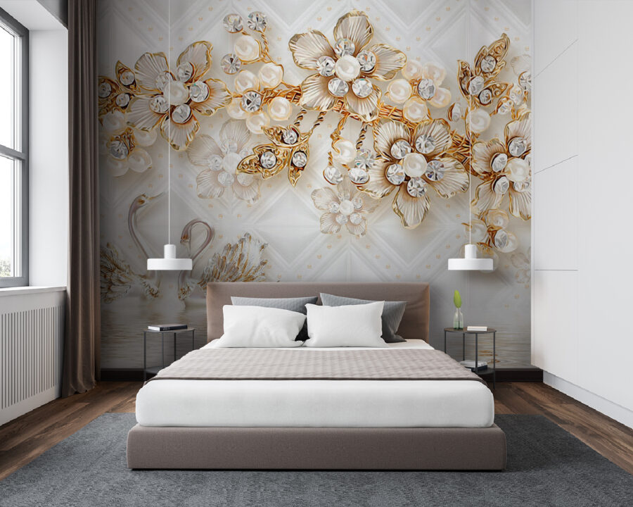 Papel de parede com cisnes e flores