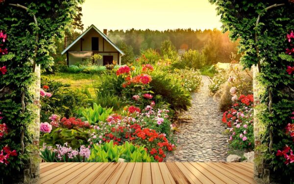 Jardim com flores e uma casa Jardim com flores e uma casa