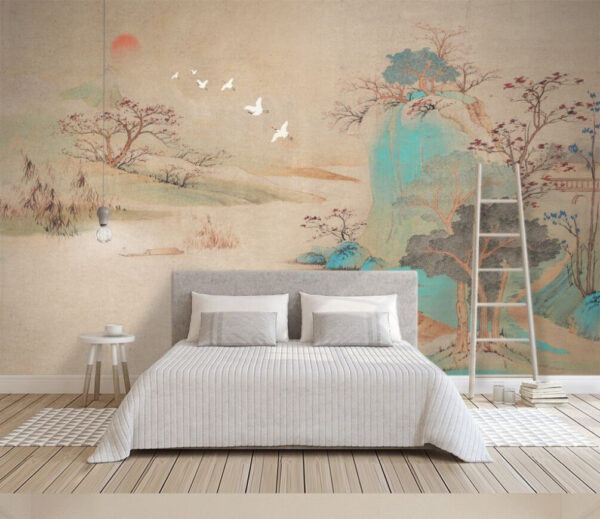 Pintura de uma paisagem com árvores e pássaros a voar Pintura de uma paisagem com árvores e pássaros a voar