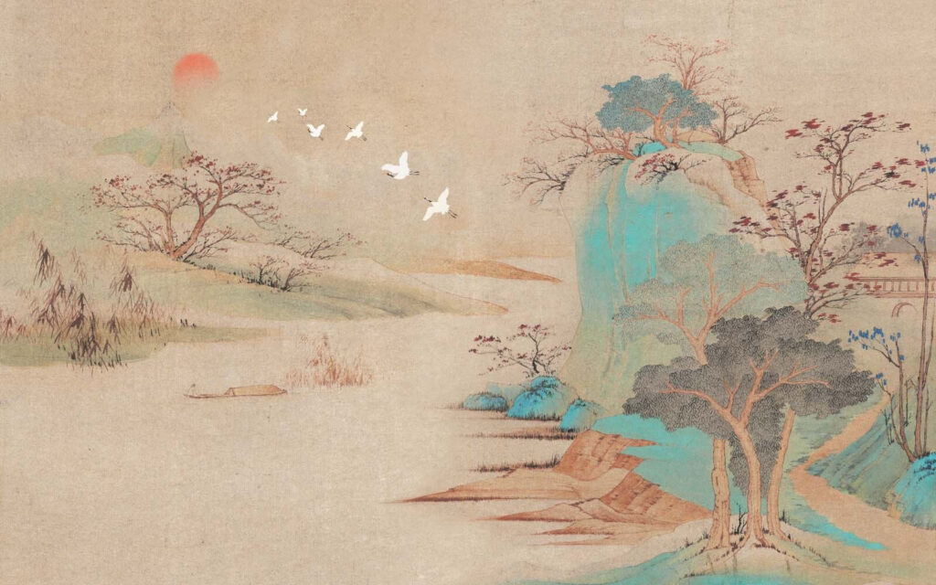 Pintura de uma paisagem com árvores e pássaros a voar Pintura de uma paisagem com árvores e pássaros a voar