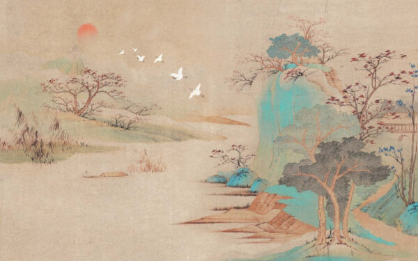 Pintura de uma paisagem com árvores e pássaros a voar Pintura de uma paisagem com árvores e pássaros a voar