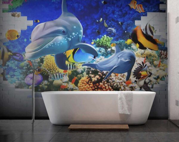 Mural de um peixe e golfinhos Mural de um peixe e golfinhos