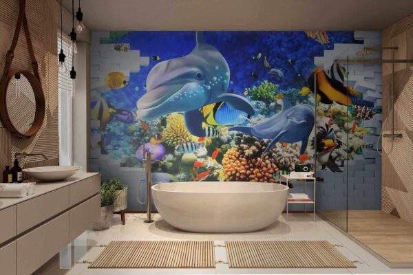 Mural de um peixe e golfinhos Mural de um peixe e golfinhos