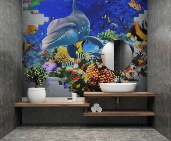 Mural de um peixe e golfinhos Mural de um peixe e golfinhos