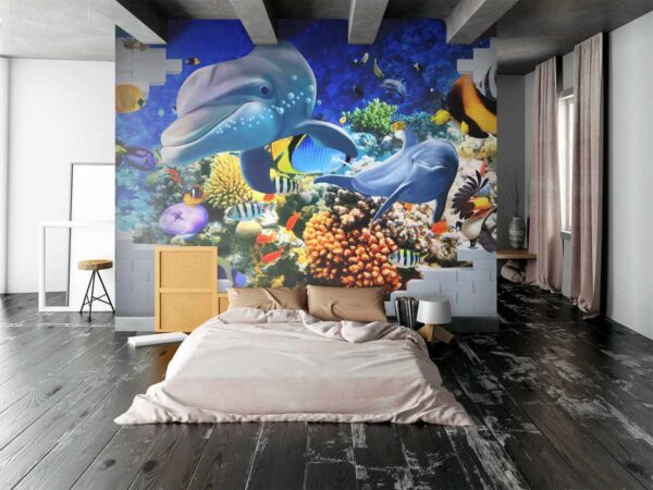 Mural de um peixe e golfinhos Mural de um peixe e golfinhos