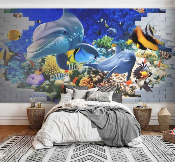Mural de um peixe e golfinhos Mural de um peixe e golfinhos