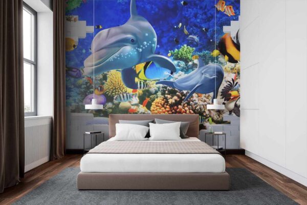 Mural de um peixe e golfinhos Mural de um peixe e golfinhos