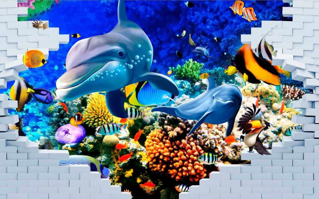 Mural de um peixe e golfinhos Mural de um peixe e golfinhos