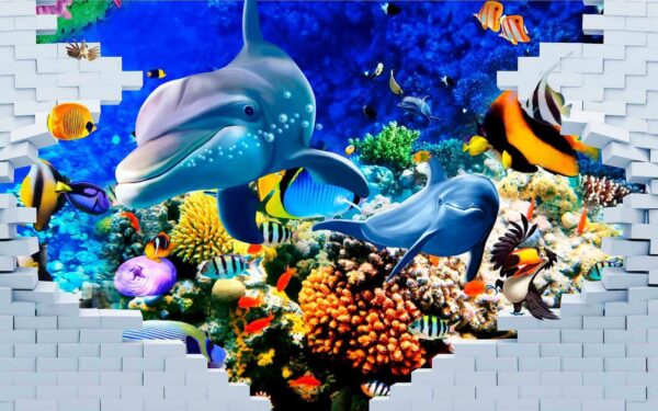 Mural de um peixe e golfinhos Mural de um peixe e golfinhos
