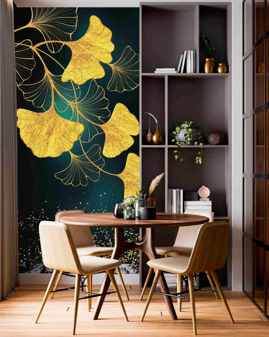 Folhas de ginkgo e pássaros em elegância