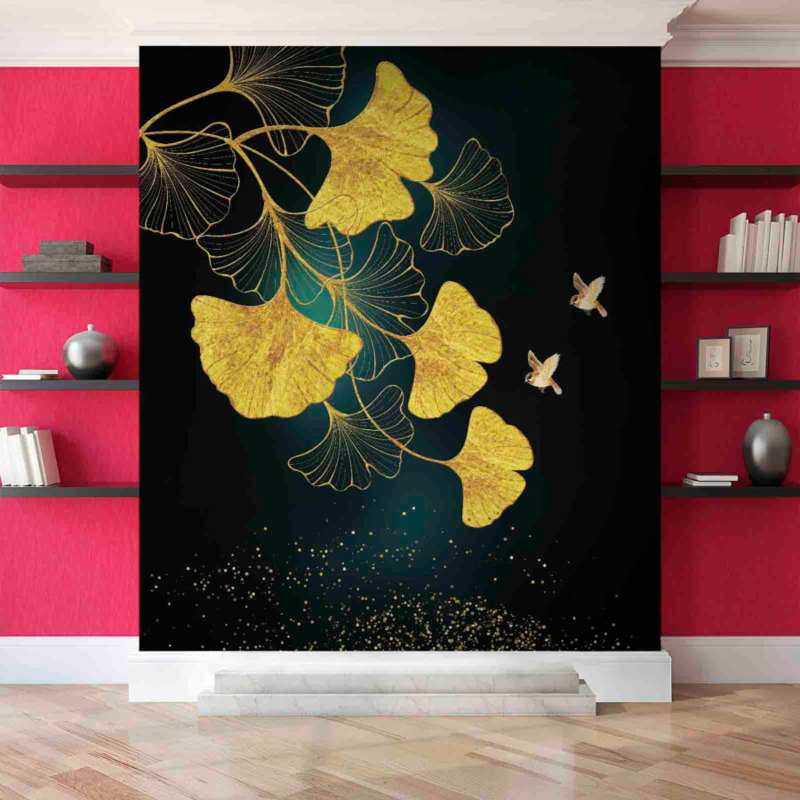 Folhas de ginkgo e pássaros em elegância