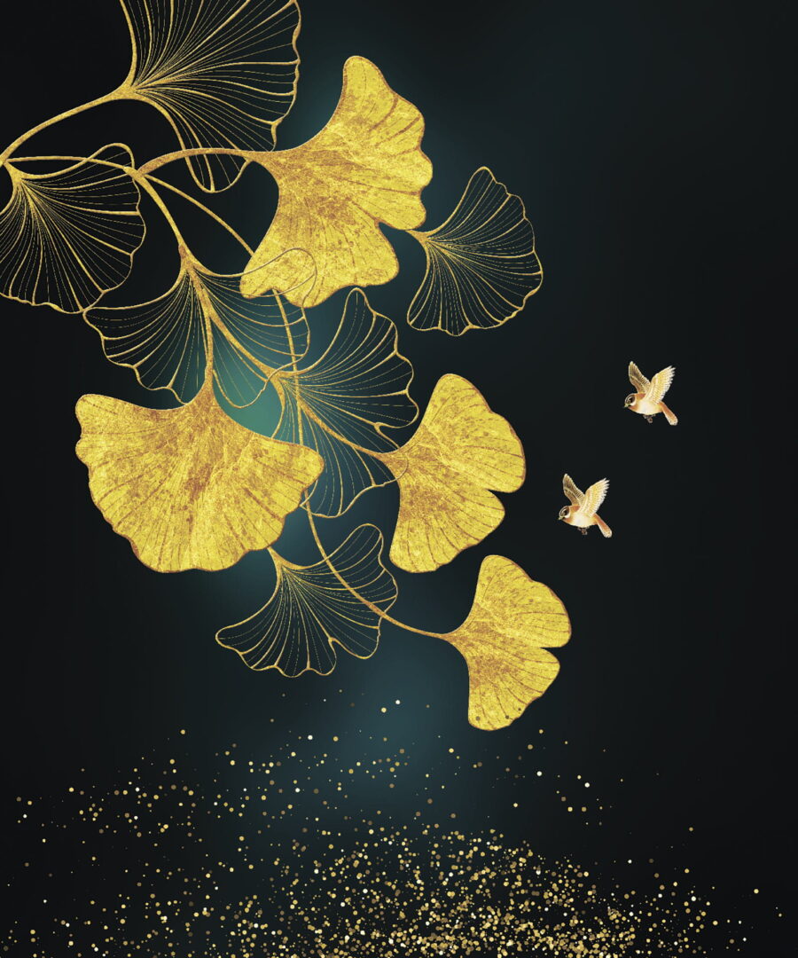 Folhas de ginkgo e pássaros em elegância