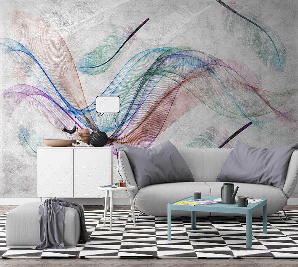 Colorful feathers on a white surface Colorful feathers on a white surface