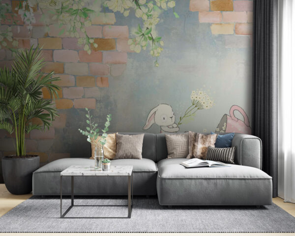 Coelho em desenho animado e uma casa com flores Coelho em desenho animado e uma casa com flores