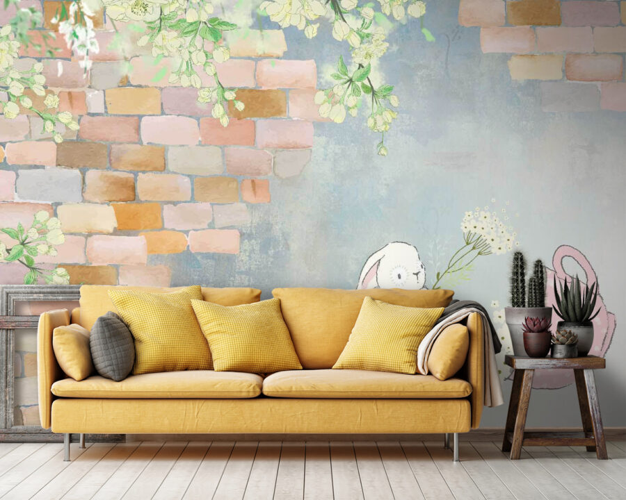 Coelho em desenho animado e uma casa com flores
