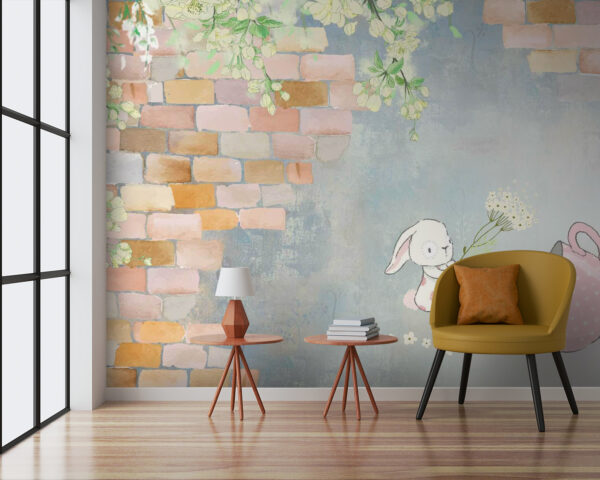 Coelho em desenho animado e uma casa com flores Coelho em desenho animado e uma casa com flores