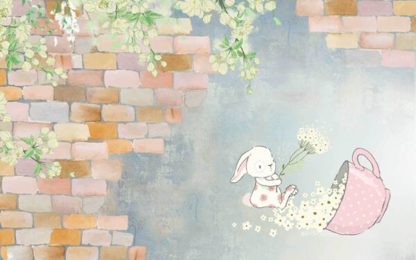 Coelho em desenho animado e uma casa com flores Coelho em desenho animado e uma casa com flores
