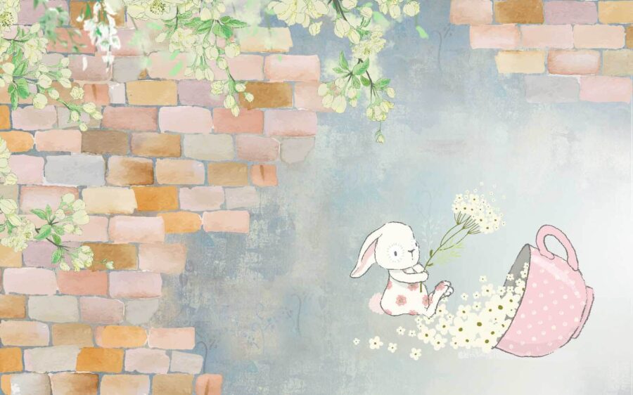 Coelho em desenho animado e uma casa com flores