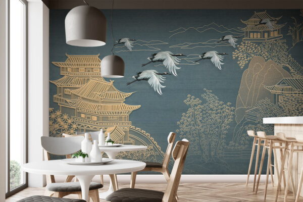 Painting of a landscape with cranes flying over a building Painting of a landscape with cranes flying over a building