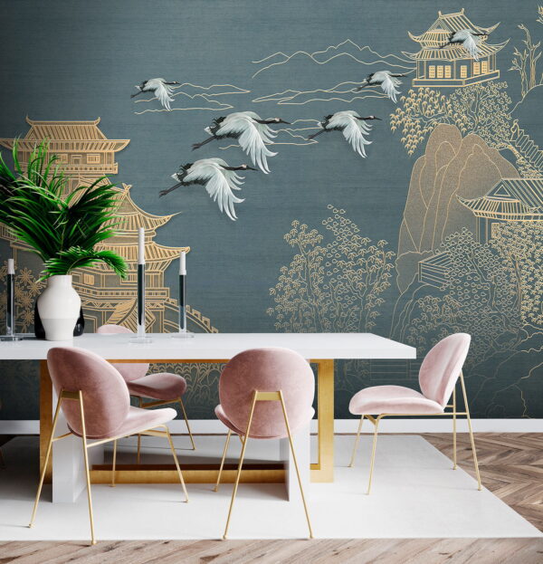 Painting of a landscape with cranes flying over a building Painting of a landscape with cranes flying over a building