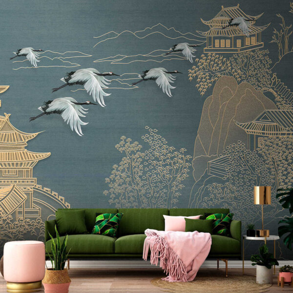Painting of a landscape with cranes flying over a building Painting of a landscape with cranes flying over a building