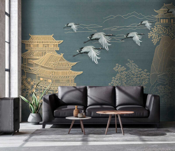 Painting of a landscape with cranes flying over a building Painting of a landscape with cranes flying over a building