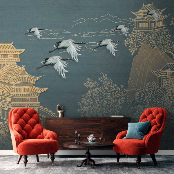 Painting of a landscape with cranes flying over a building Painting of a landscape with cranes flying over a building