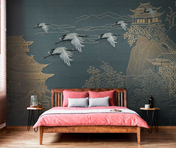 Painting of a landscape with cranes flying over a building Painting of a landscape with cranes flying over a building