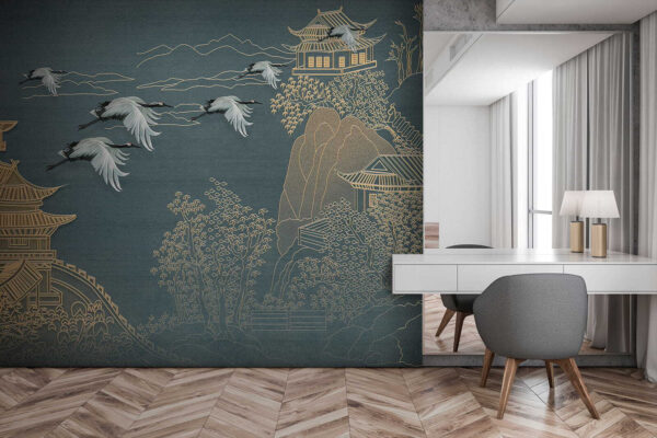 Painting of a landscape with cranes flying over a building Painting of a landscape with cranes flying over a building