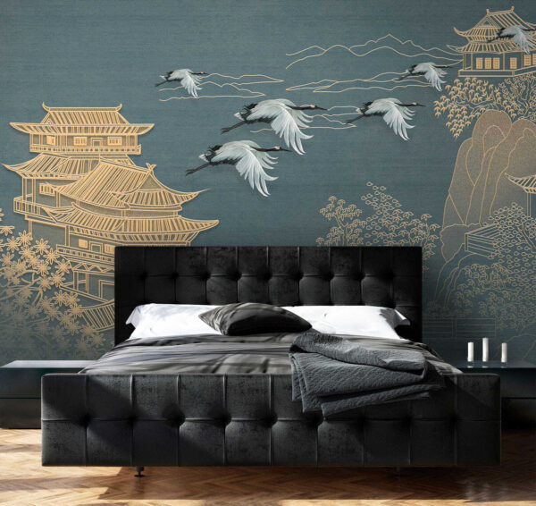 Painting of a landscape with cranes flying over a building Painting of a landscape with cranes flying over a building