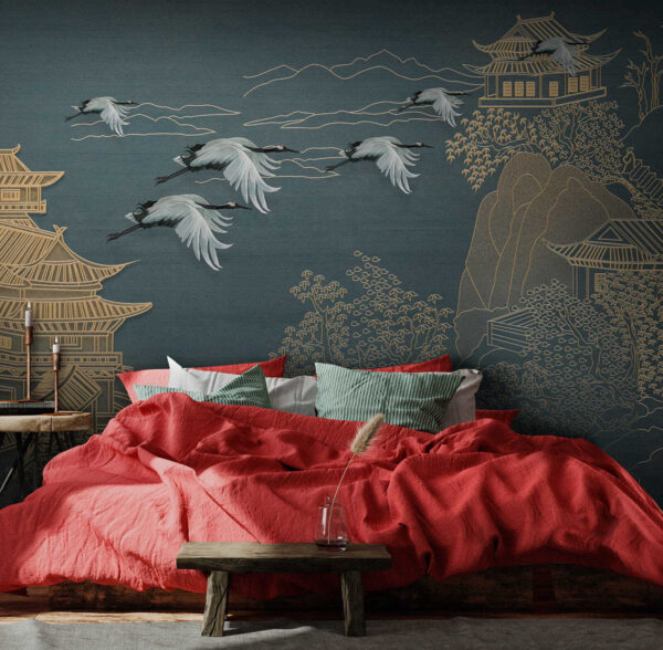 Painting of a landscape with cranes flying over a building Painting of a landscape with cranes flying over a building