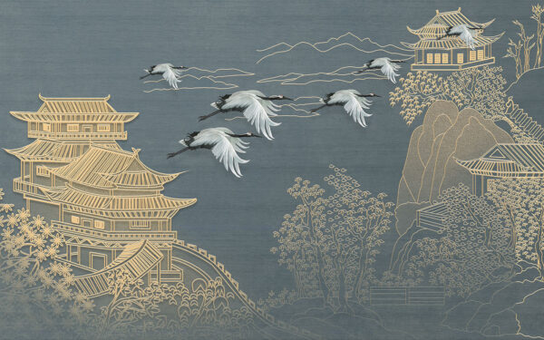 Painting of a landscape with cranes flying over a building Painting of a landscape with cranes flying over a building
