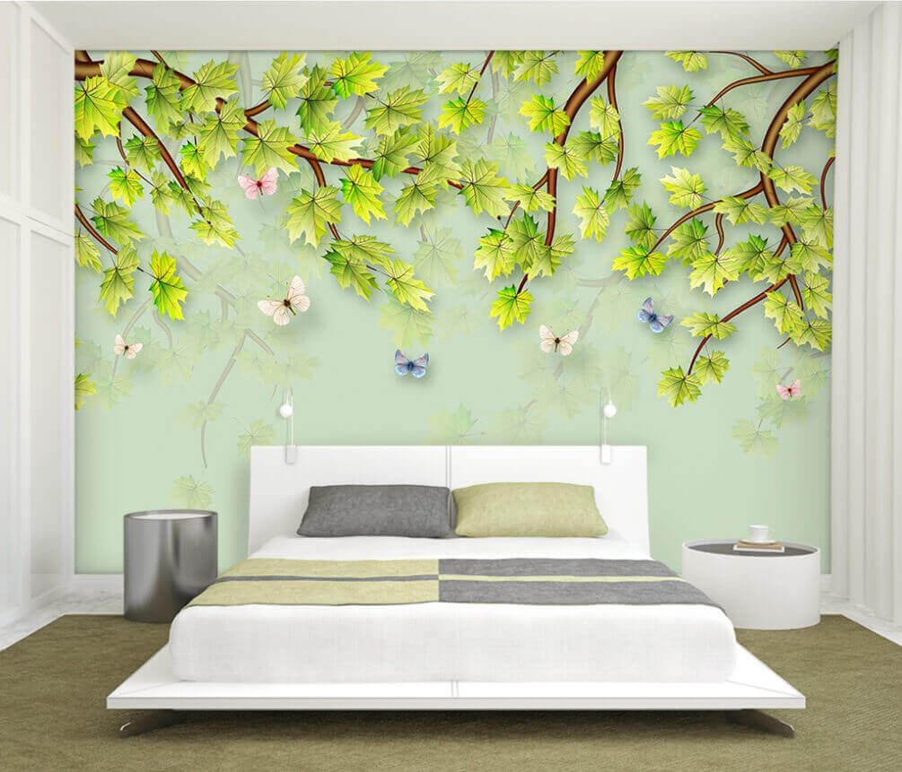 u38526pib1m - Folhas verdes e borboletas sobre um fundo branco - tegory