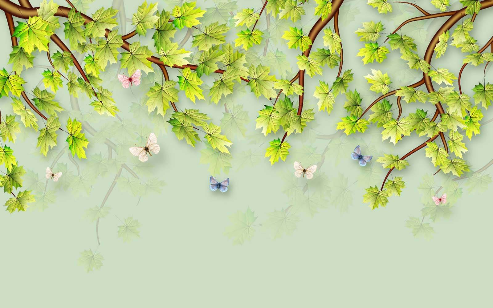 u38526p - Folhas verdes e borboletas sobre um fundo branco - tegory